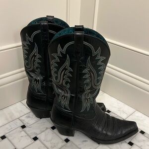 Ariat black cowboy boots with teal stitching, size 9